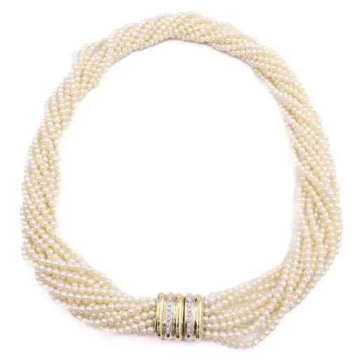 [MT32619006] Collana di perle torcion - Brillanti 0,15ct. susta in oro 18kt di 16,80 gr