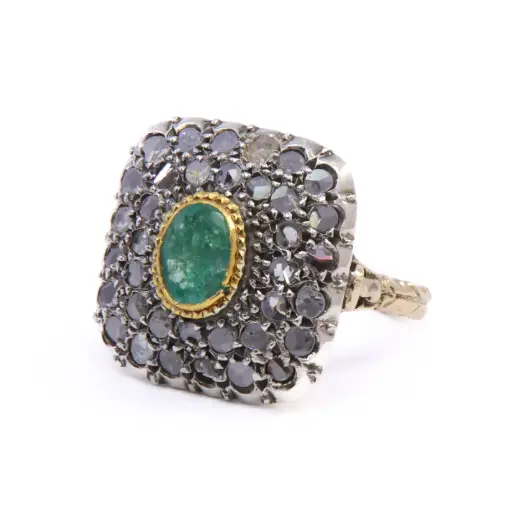 [MT32620693]  Anello stile antico - Argento 925 e oro giallo 12kt con diamanti taglio antico e pietra verde