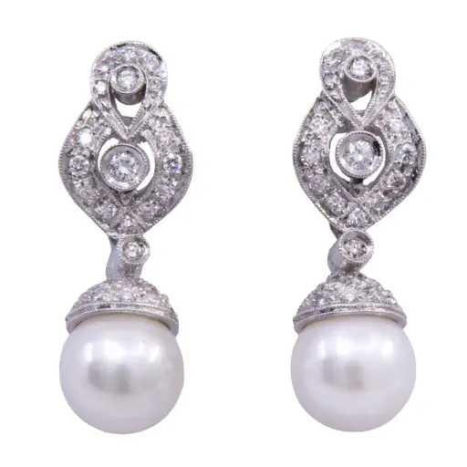 [MT32620980]  Orecchini Perle giapponesi coltivate - Brillanti 0,34ct, oro 18kt. peso totale 8gr