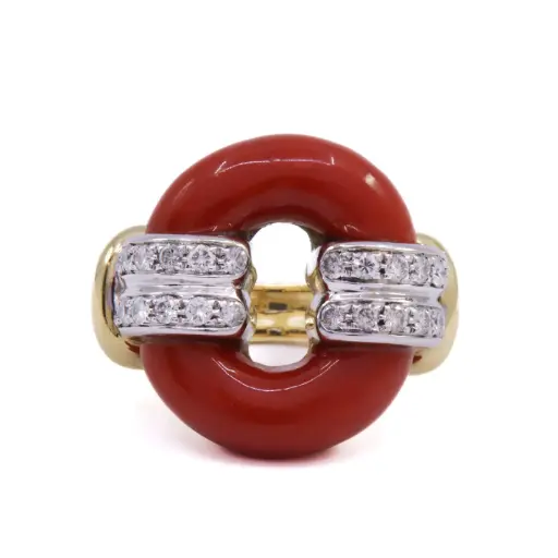[MT32623948] Anello corallo - Brillanti 0,30ct. H-VS oro18kt, peso totale 18,10 gr