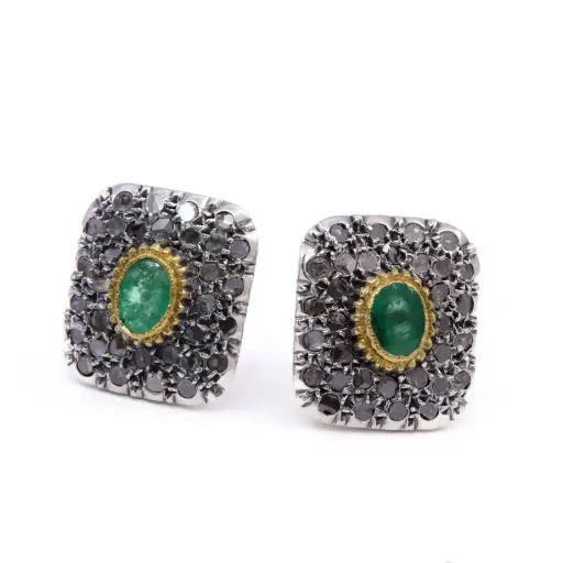 [MT32625187] Orecchini stile antico - Argento 925 e oro giallo 12kt con diamanti taglio antico e pietra verde