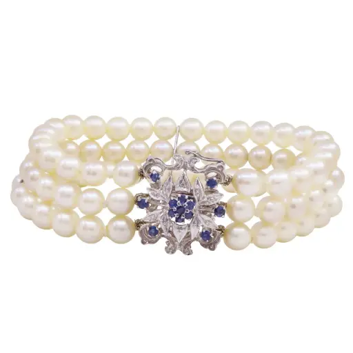 [MT32625565] Bracciale con perle giapponesi - Susta in oro 18kt con brillanti e zaffiri blu, peso totale 34,40gr.