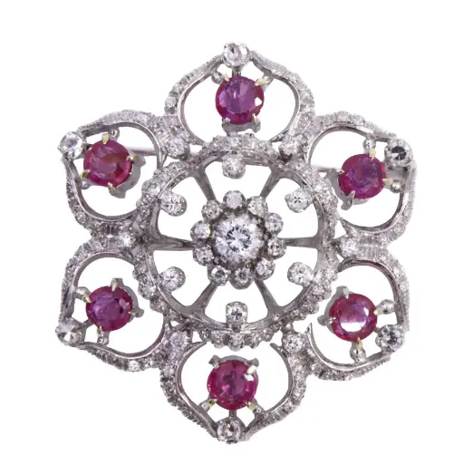 [MT32625600] Spilla - Zaffiri rosa , brillanti 0,35ct + 0,50ct, oro 18kt. peso totale 15,40gr