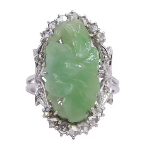 [MT32625978] Anello giada incisa - Brillanti taglio antico, oro bianco 18kt.
