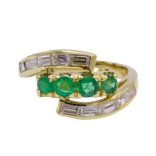 [MT32625985] Anello - Pietre verdi e diamanti taglio baguette, oro 18kt. peso totale 5,9gr