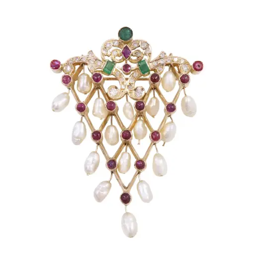[MT32629492] Spilla - Smeraldi, rubini e brillanti taglio antico, oro 14kt. peso totale 20,60gr