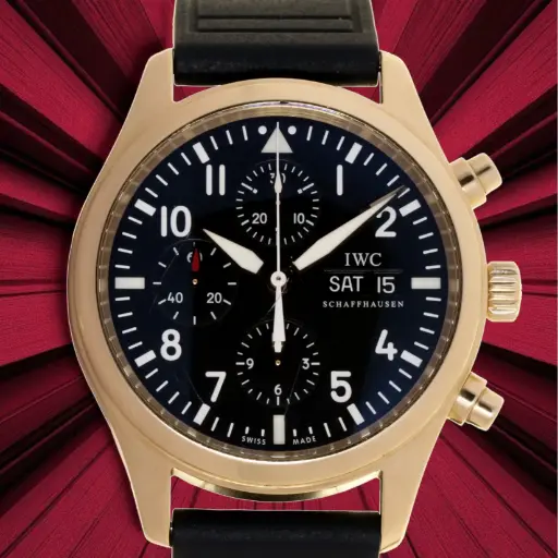 [MT32631291] IWC  Fliegeruhr, 18 kt Yellow Gold, Chronograph, Box & Papers - 2012 - Black Dial - Two IWC strap Black Leather and Blu Caucciù strap - our two-year warranty