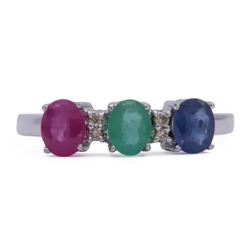 [MT32632656] Anello - Zaffiro, rubino e smeraldo. brillanti 0,05 ct. G-VS1 in oro 18kt. 2,5gr