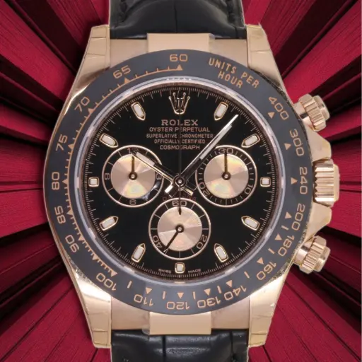 [MT32634224] Rolex Daytona ref:116515LN - Black Dial with Pink Gold Subdials - Leather Strap - Full Set - 2018 - Original factory stickers - our two-year warranty