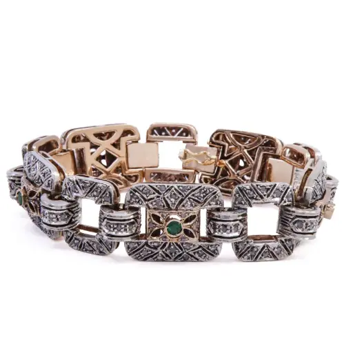 [MT32636597] Bracciale stile antico - Brillanti e pietre verdi, oro 14kt e argento, peso totale 58 gr